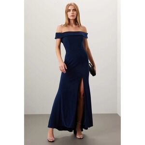 Faviana Navy Blue Off Shoulderโ Formal Gown Side Slit Maxi Dress Evening Sz 12